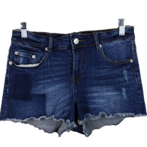 R1893 Blue Dark Wash Five Pocket Mid Rise Raw Hem Jean Shorts